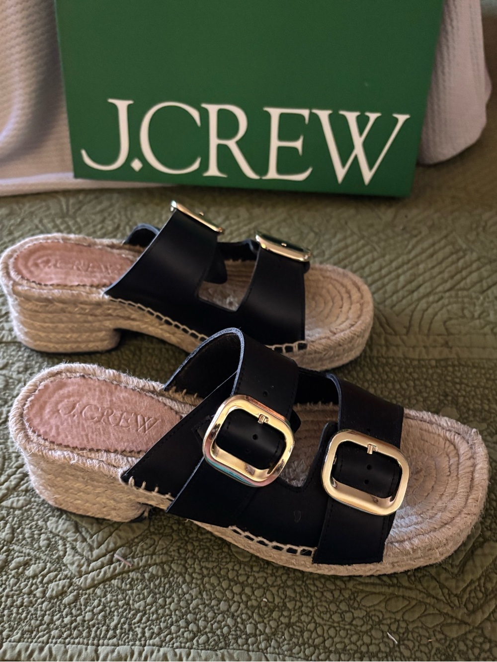 J. Crew Black Leather Double-Buckle Espadrille Slides